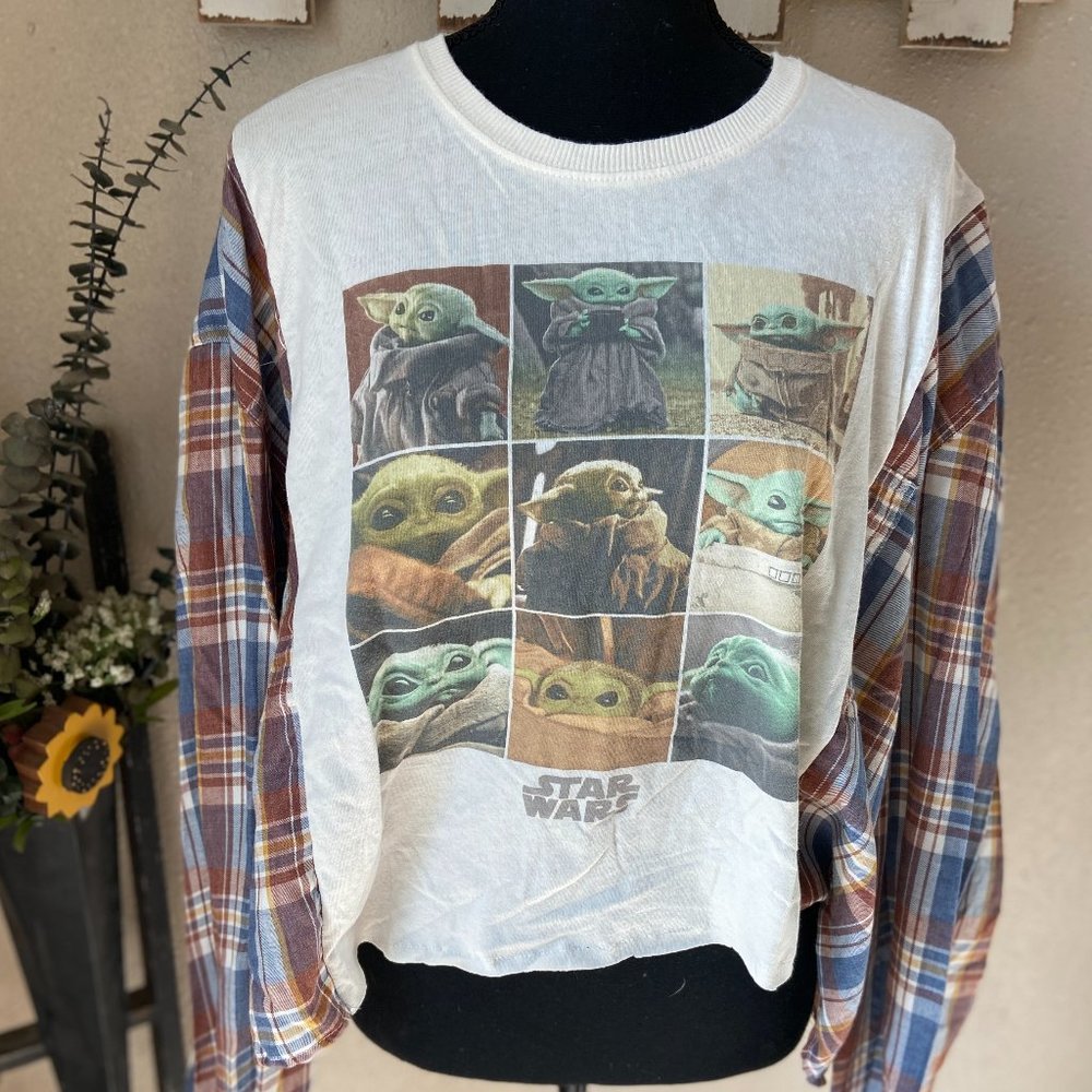 Star Wars The Mandalorian Grogu Refashioned Upcycled Reworked Cropped Flannel ~L